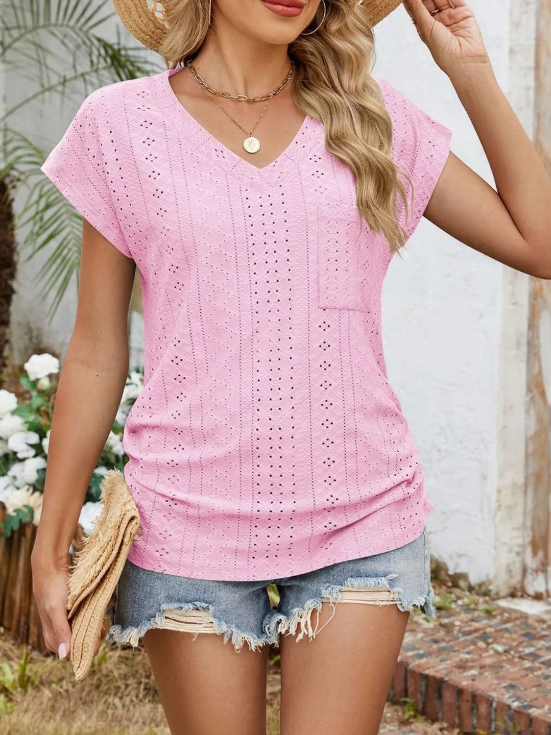 Eyelet V-Neck Short Sleeve Top - Clothes For Her Online Store