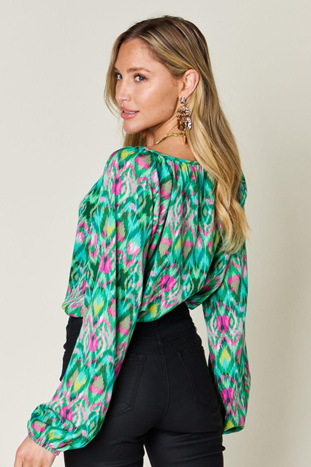 Double Take Full Size Printed Balloon Sleeve Blouse - Clothes For Her Online Store