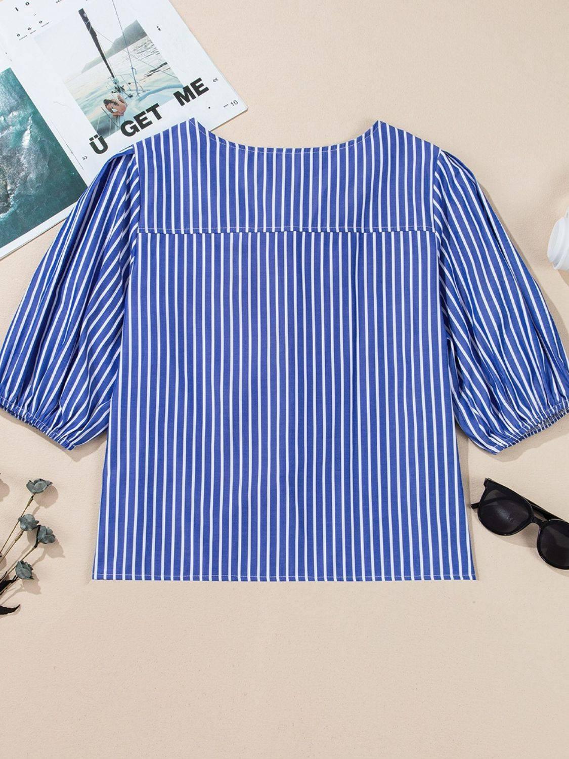 Stripe Tied Front Puff Short Sleeve Top - Clothes For Her Online Store