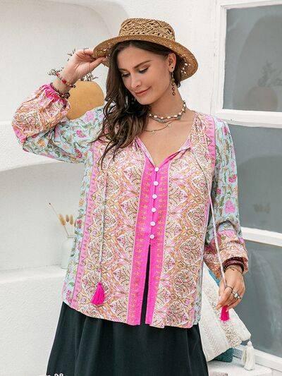 Plus Size Tie Neck Tassel Printed Blouse - Clothes For Her Online Store