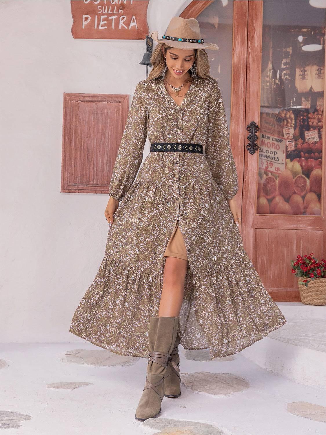 Floral Button Up V-Neck Tiered Dress - Clothes For Her Online Store
