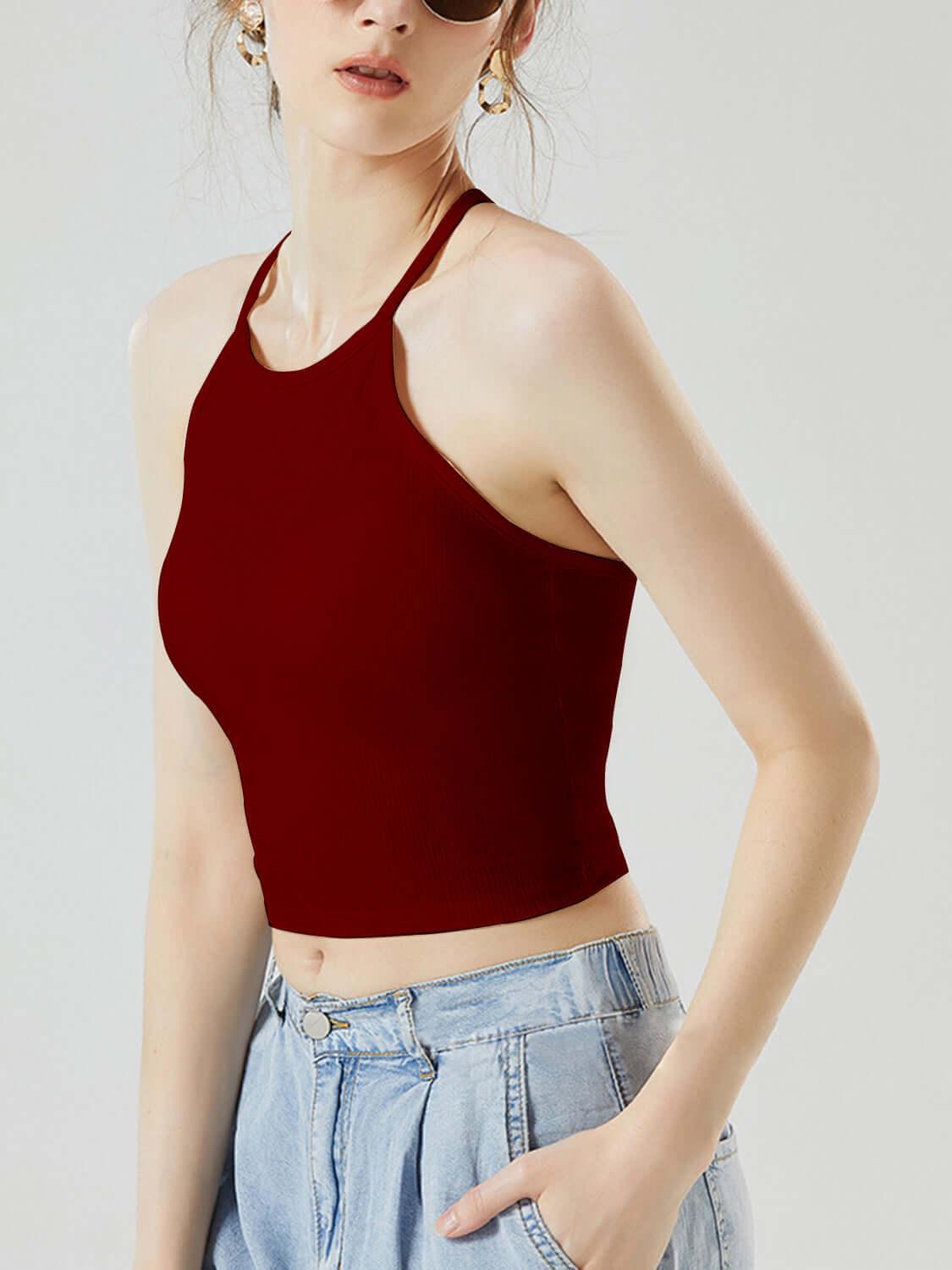 Grecian Neck Cropped Tank with Chest Pads - Clothes For Her Online Store