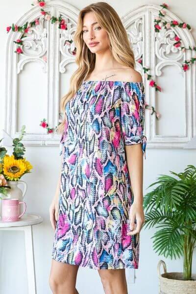 Heimish Full Size Off Shoulder Snake Mini Dress - Clothes For Her Online Store