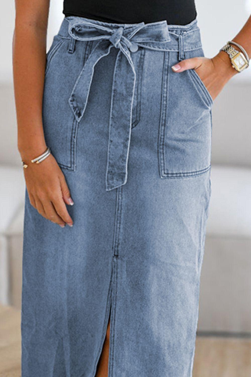Tied Slit Denim Skirt - Clothes For Her Online Store