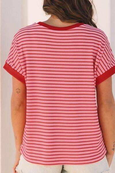 Contrast Striped Round Neck Short Sleeve T-Shirt - Clothes For Her Online Store