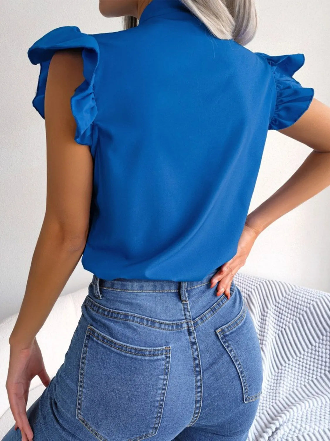 Ruffle Cap Sleeve Bow Tie Blouse