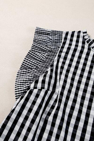 Checkered Ruffled Sleeve Frilled Neck Blouse - Clothes For Her Online Store