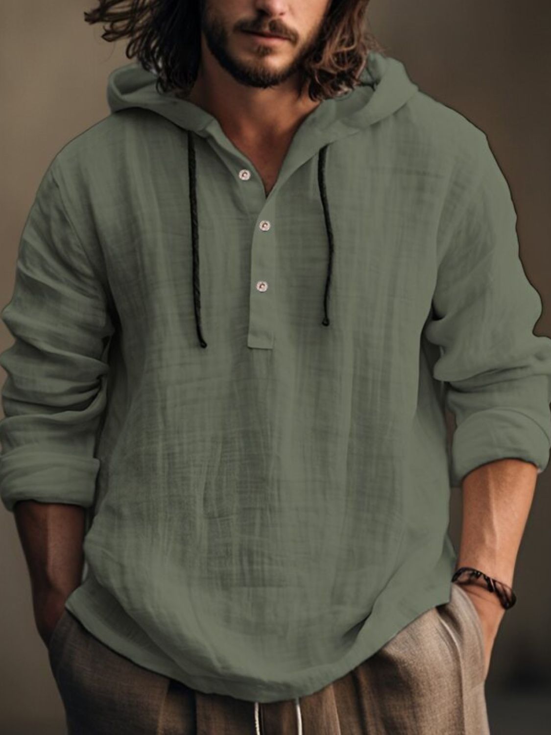 Men's Full Size Half Button Long Sleeve Hoodie - Clothes For Her Online Store