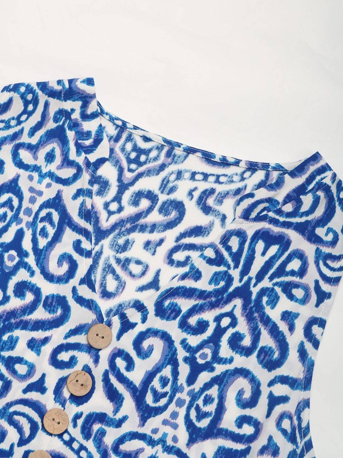 Perfee Decorative Button Printed Notched Sleeveless Midi Dress - Clothes For Her Online Store