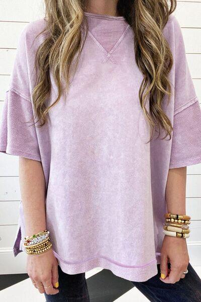Mineral Wash Drop Shoulder Round Neck T-Shirt - Clothes For Her Online Store