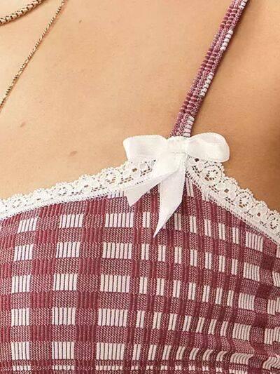 Lace Detail Plaid Square Neck Cami - Clothes For Her Online Store