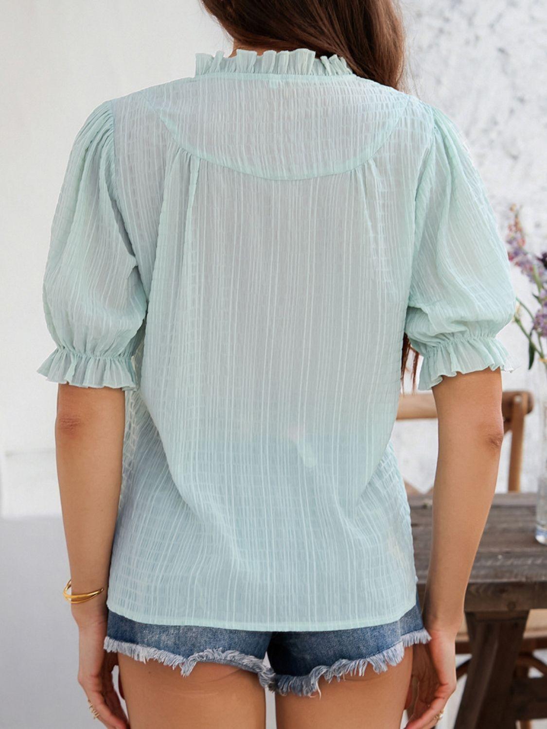Devine Frill Notched Short Sleeve Blouse - Clothes For Her Online Store