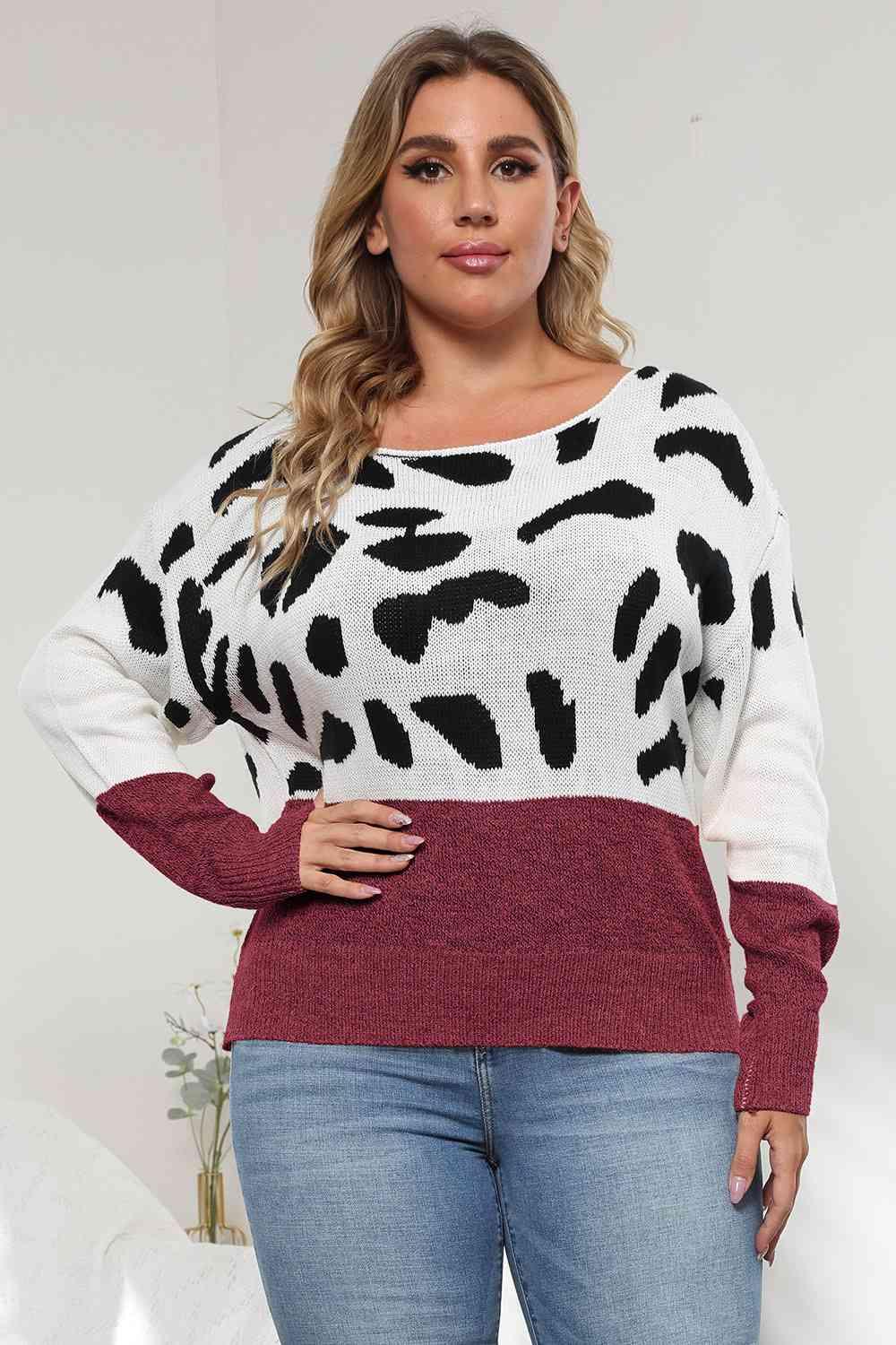Plus Size Leopard Round Neck Long Sleeve Sweater - Clothes For Her Online Store