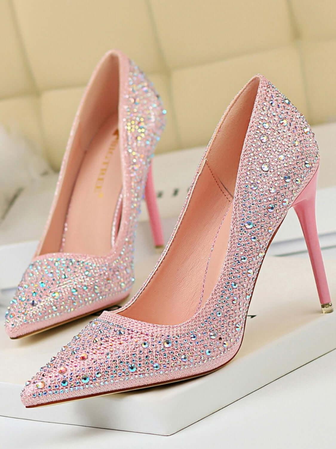 Point Toe Rhinestone Decor Stiletto Pumps - Clothes For Her Online Store