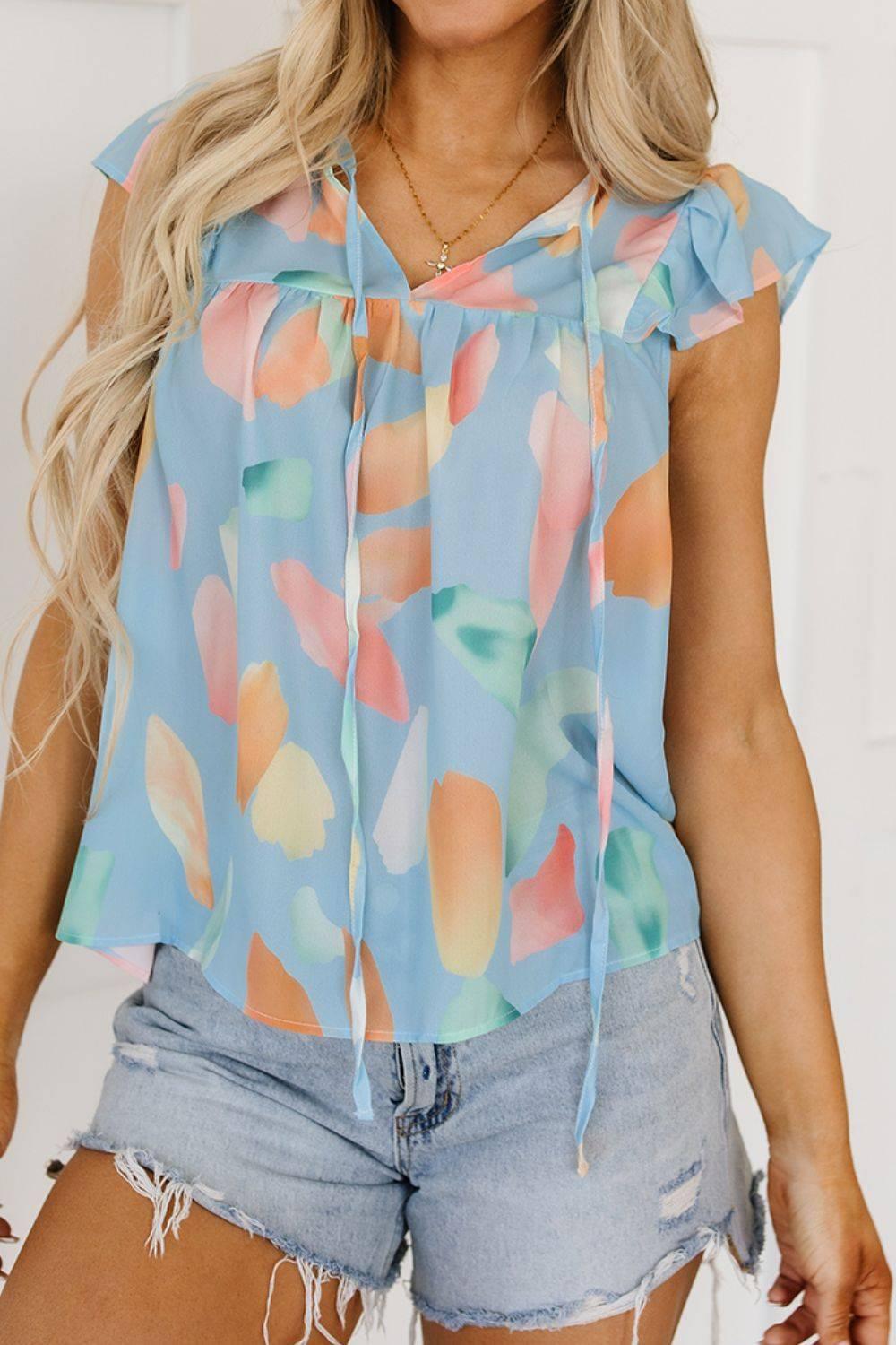 Splotches Pattern Ruffled Cap Sleeve Blouse - Clothes For Her Online Store