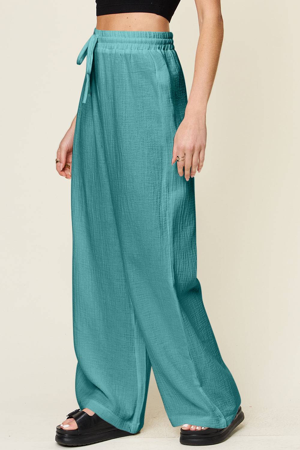 Double Take Full Size Texture Drawstring Wide Leg Pants - Clothes For Her Online Store