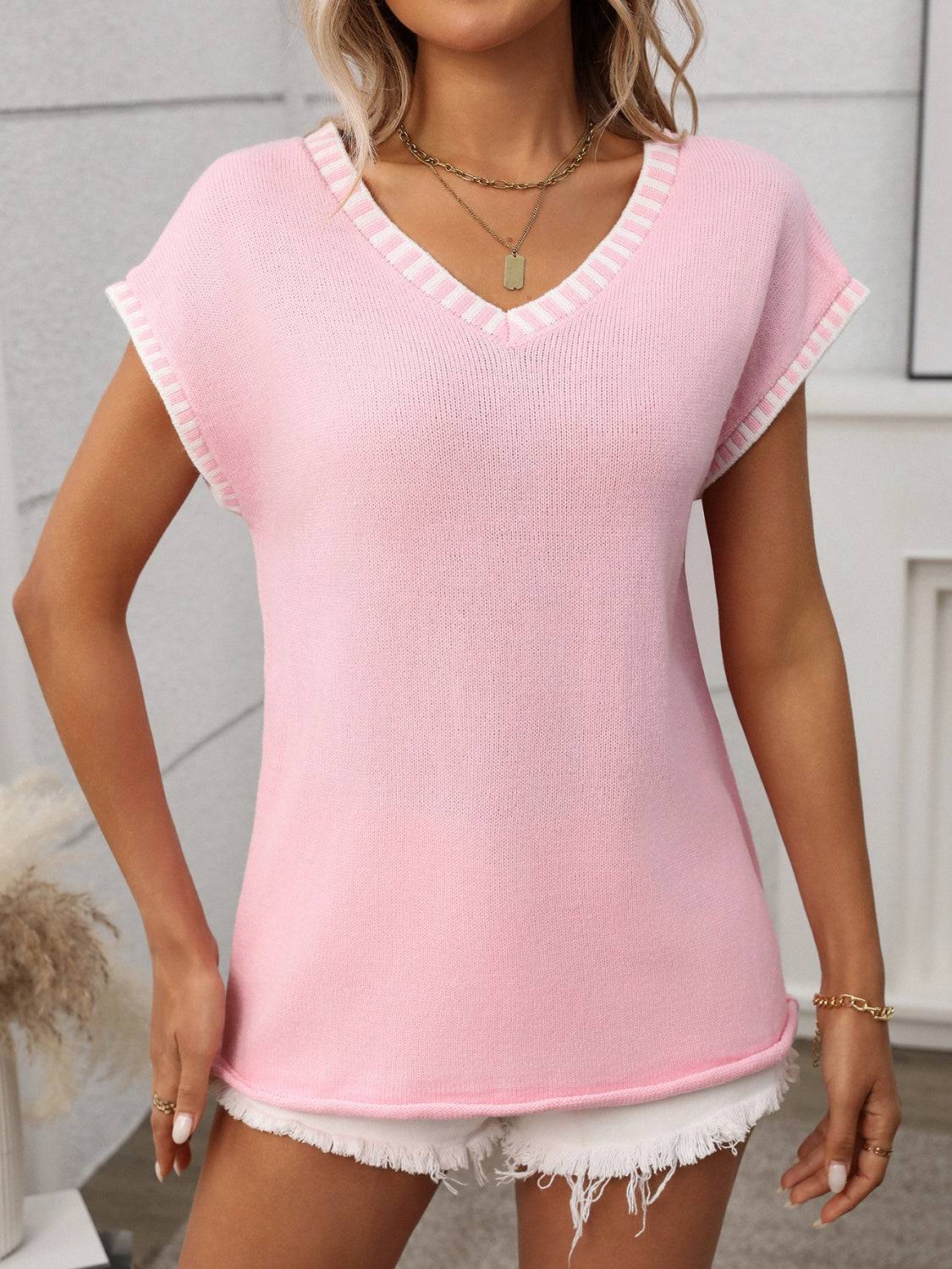 Contrast Trim V-Neck Short Sleeve Knit Top - Clothes For Her Online Store
