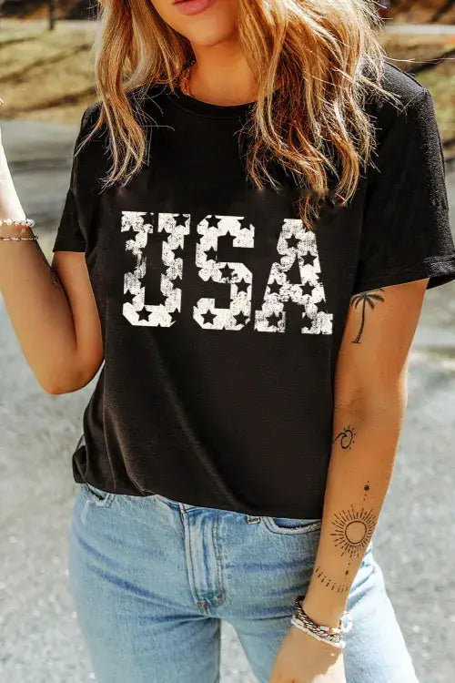 USA Round Neck Short Sleeve T-Shirt - Clothes For Her Online Store