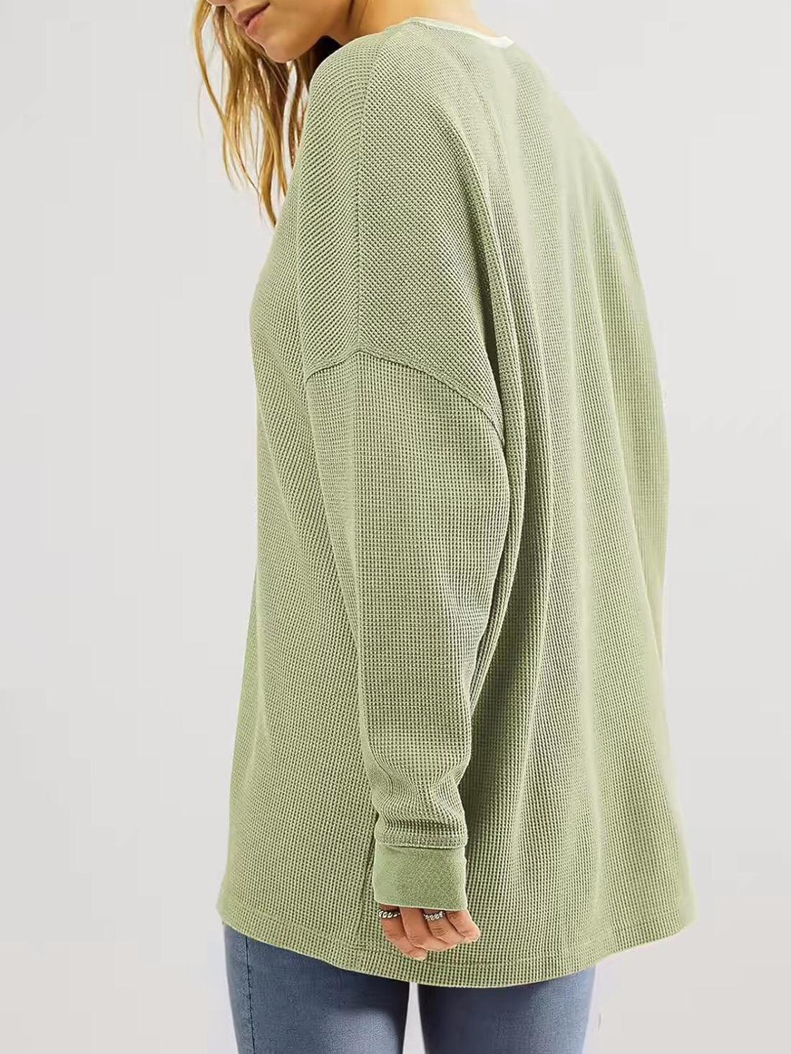 Waffle Knit Round Neck Long Sleeve T-Shirt - Clothes For Her Online Store