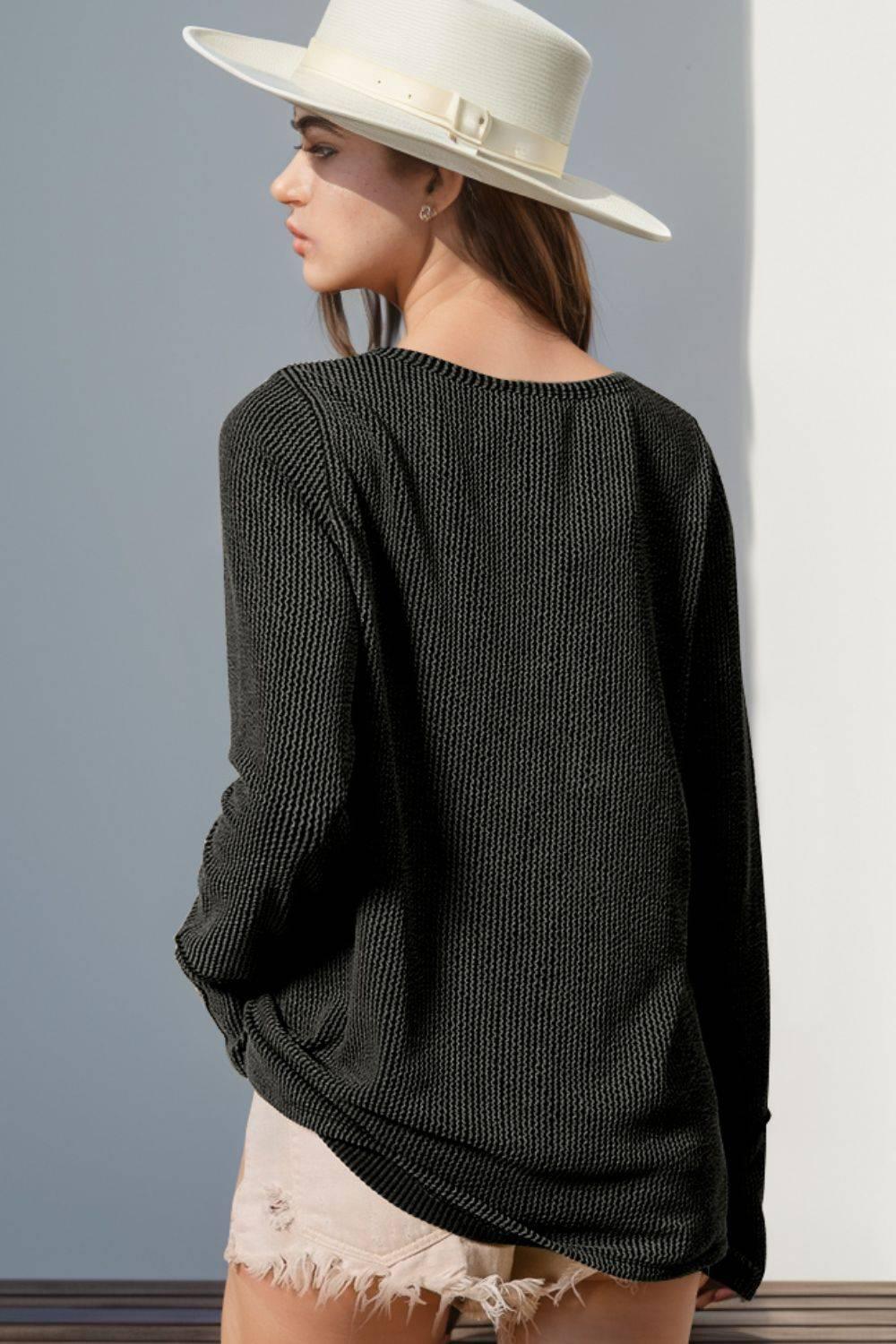 Double Take Full Size Notched Thumbhole Long Sleeve T-Shirt - Clothes For Her Online Store