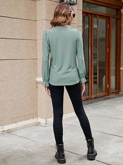 Lace Detail Eyelet V-Neck Flounce Sleeve Blouse - Clothes For Her Online Store