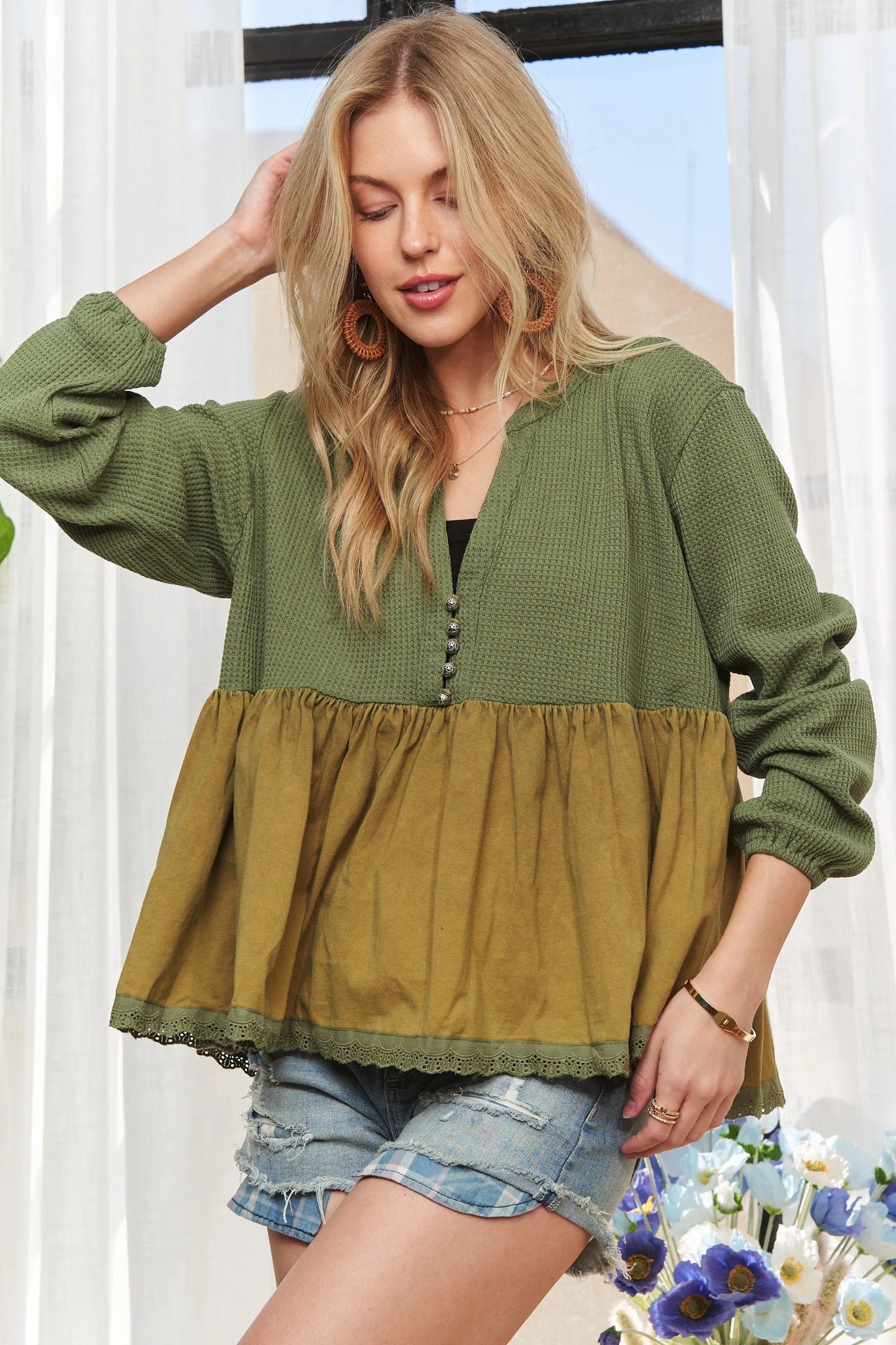 ADORA Mineral Washed Babydoll Tunic Top