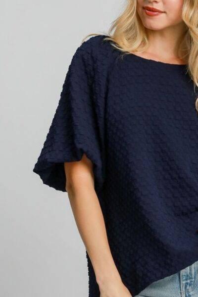 Umgee Full Size Boxy Cut Jacquard Round Neck Top with Side Slit Plus Size - Clothes For Her Online Store