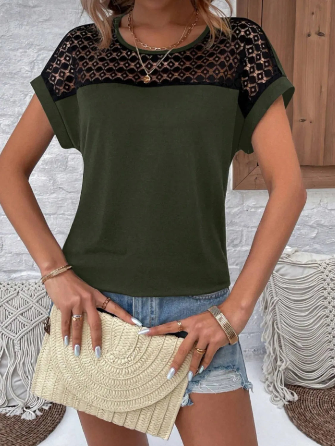 Lace Round Neck Short Sleeve T-Shirt