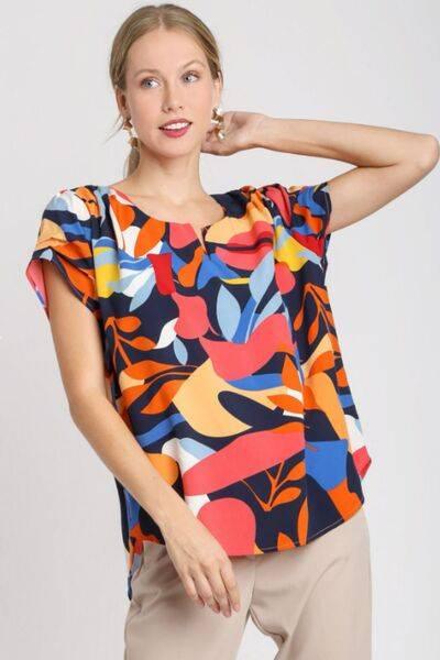 Umgee Full Size Short Sleeved Abstract Print Top Plus Size - Clothes For Her Online Store