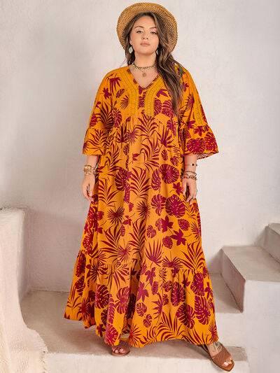 Plus Size Lace Detail Printed V-Neck Maxi Dress - Clothes For Her Online Store