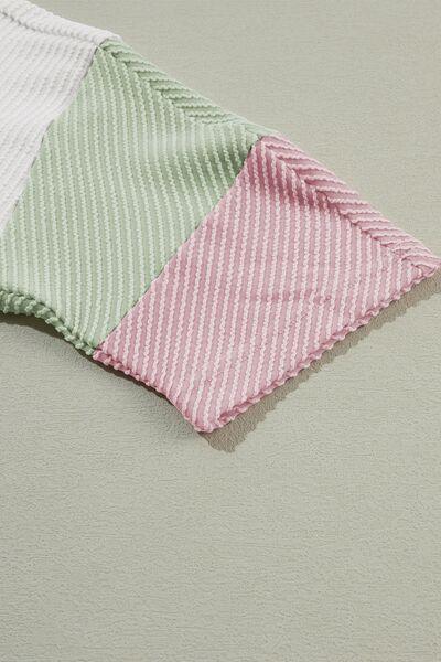 Color Block Ribbed Knit Three-Quarter Sleeve Top - Clothes For Her Online Store