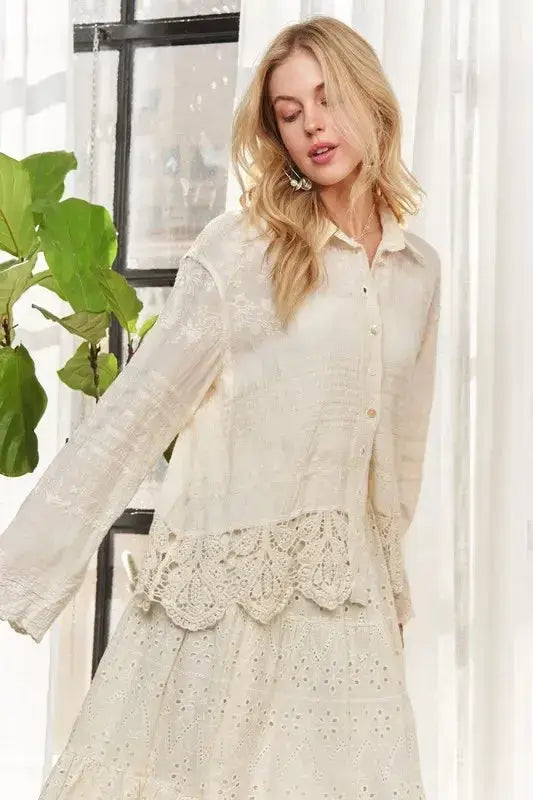 ADORA Crochet Lace Long Sleeves Button Down Shirt - Clothes For Her Online Store