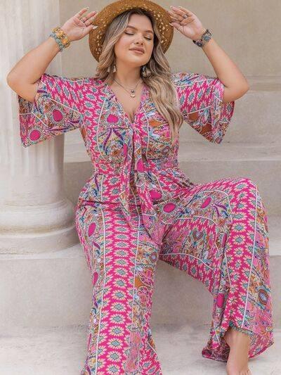 Plus Size Printed Half Sleeve Wide Leg Jumpsuit - Clothes For Her Online Store