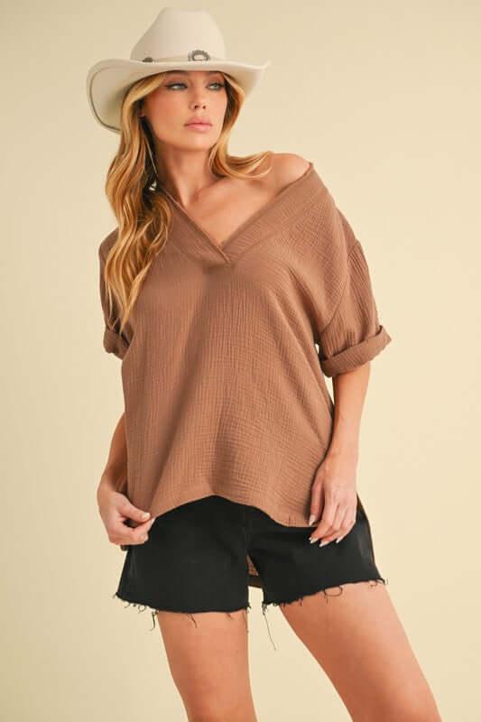 Aemi + Co Side Slit V-Neck Short Sleeve Blouse - Clothes For Her Online Store