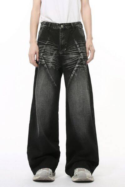 Washed Cat Whisker Straight Leg Jeans - Clothes For Her Online Store