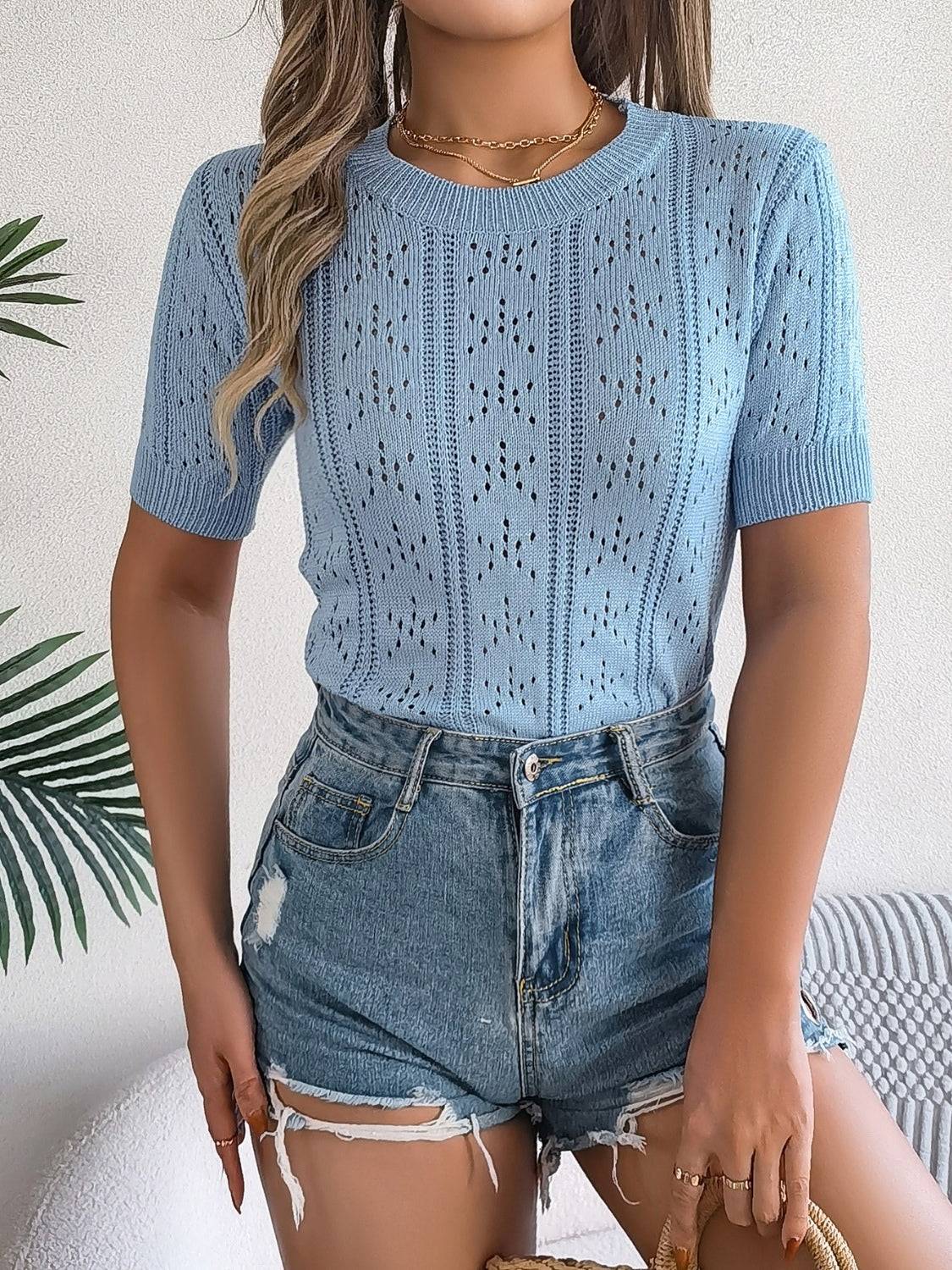Openwork Round Neck Short Sleeve Knit Top - Clothes For Her Online Store