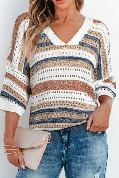 Striped Hollow Out Half Sleeve Knit Top - Clothes For Her Online Store
