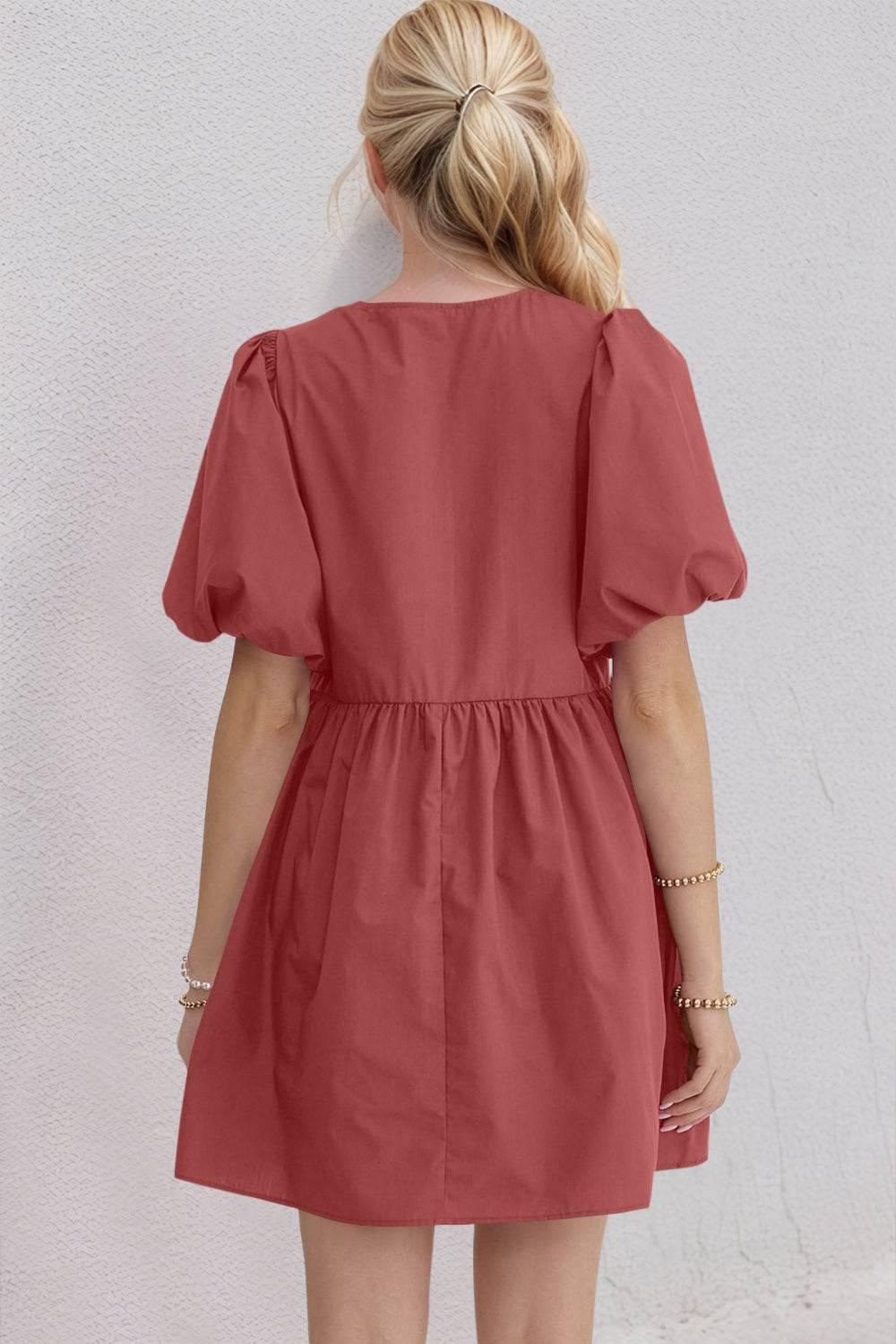 Oh Bow Ruched Puff Sleeve Mini Dress - Clothes For Her Online Store