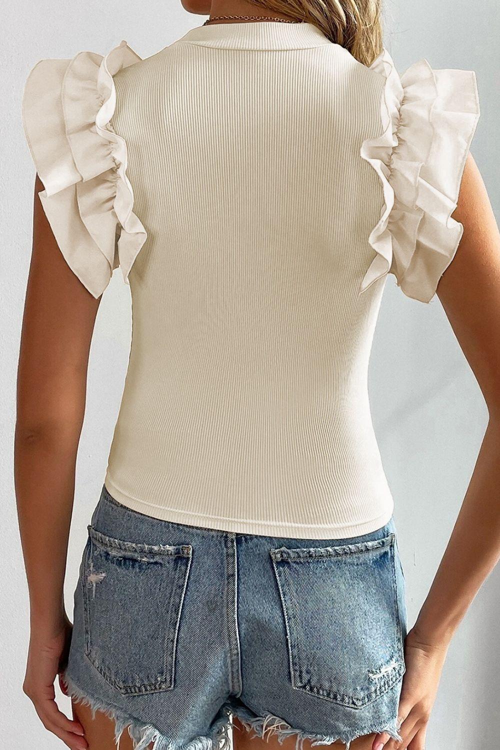 Ruffle Flutter Sleeve Mock Neck Ribbed Top - Clothes For Her Online Store