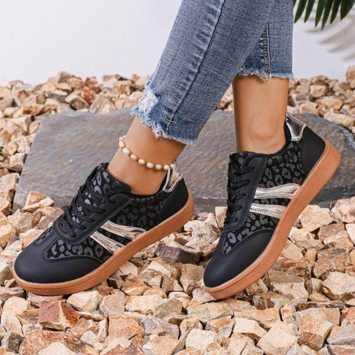Leopard Round Toe Lace Up Athletic Sneakers - Clothes For Her Online Store