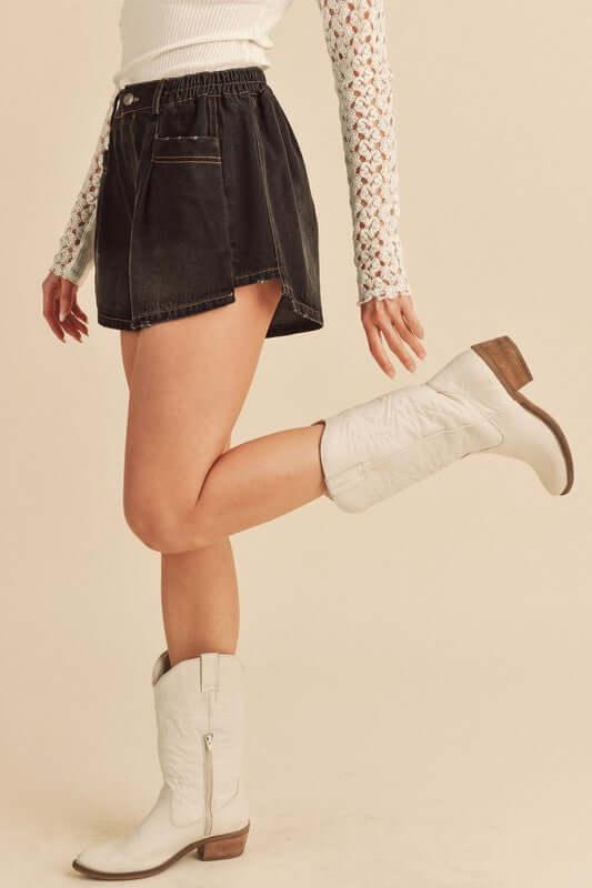 Aemi + Co Frayed Hem Elastic Waist Denim Shorts - Clothes For Her Online Store