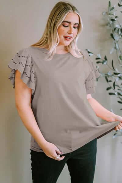 Plus Size Eyelet Round Neck Short Sleeve Blouse - Clothes For Her Online Store