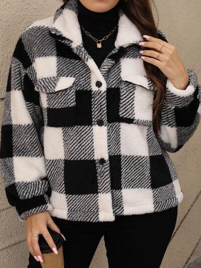Plus Size Pocketed Plaid Collared Neck Jacket - Clothes For Her Online Store