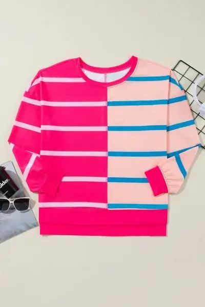 Plus Size Color Block Round Neck Long Sleeve Top - Clothes For Her Online Store