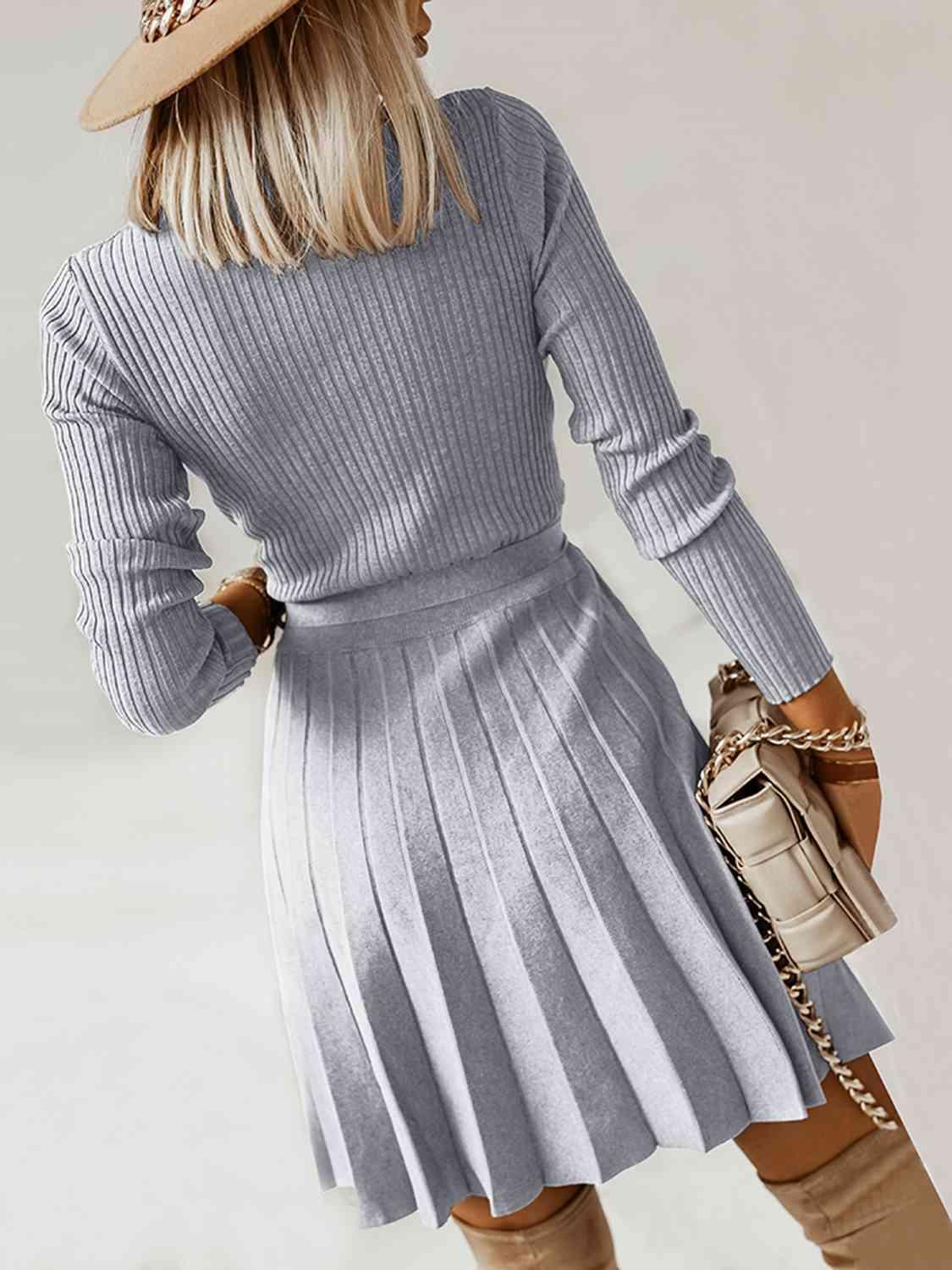 Surplice Neck Tie Front Pleated Sweater Dress - Clothes For Her Online Store