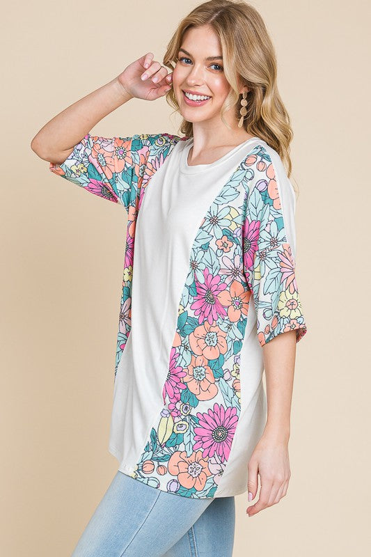 BOMBOM Floral Round Neck Half Sleeve T-Shirt - Clothes For Her Online Store
