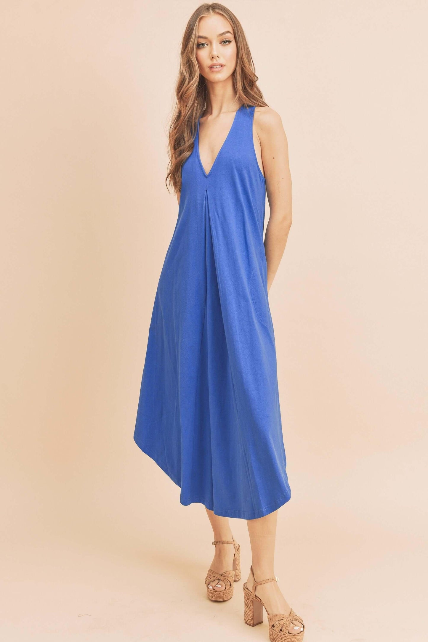 Aemi + Co Front Pleat Detail V-Neck Sleeveless Midi Dress - Clothes For Her Online Store