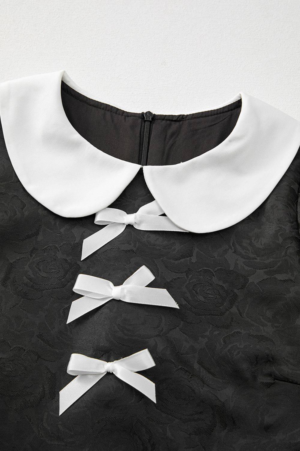Floral Embossed Puff Sleeve Colorblock Bow Collared Mini Dress - Clothes For Her Online Store