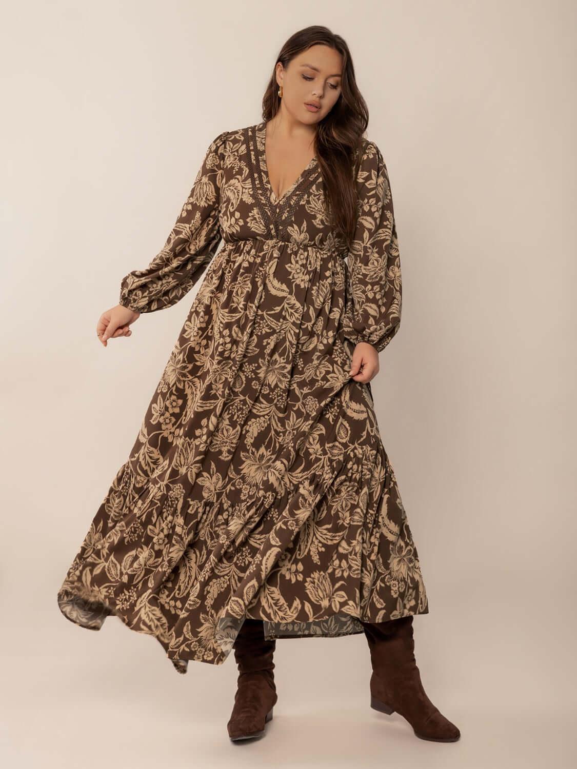 Plus Size Printed V-Neck Balloon Sleeve Maxi Dress - Clothes For Her Online Store