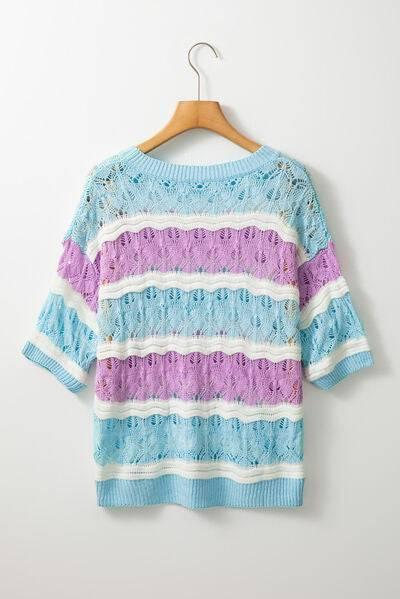 Color Block Openwork Half Sleeve Sweater - Clothes For Her Online Store